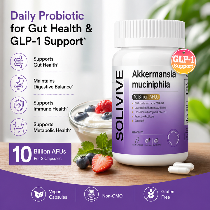 Solivive Akkermansia Muciniphila Probiotic – 10 Billion AFUs, GLP-1 Support, Gut Health Supplement, Vegan Capsules, Non-GMO, Gluten Free (60 Capsules)