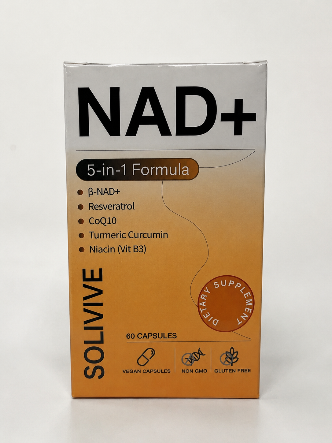 Solivive NAD+ Supplement 5-in-1 Formula – Resveratrol, CoQ10, Turmeric Curcumin & Niacin (B3) – Energy, Cellular Support & Anti-Aging – Non-GMO, Gluten-Free, Vegan Capsules – 60 Count